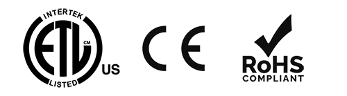 iconos que certifican la calidad del producto, RoHS, CE y intertek